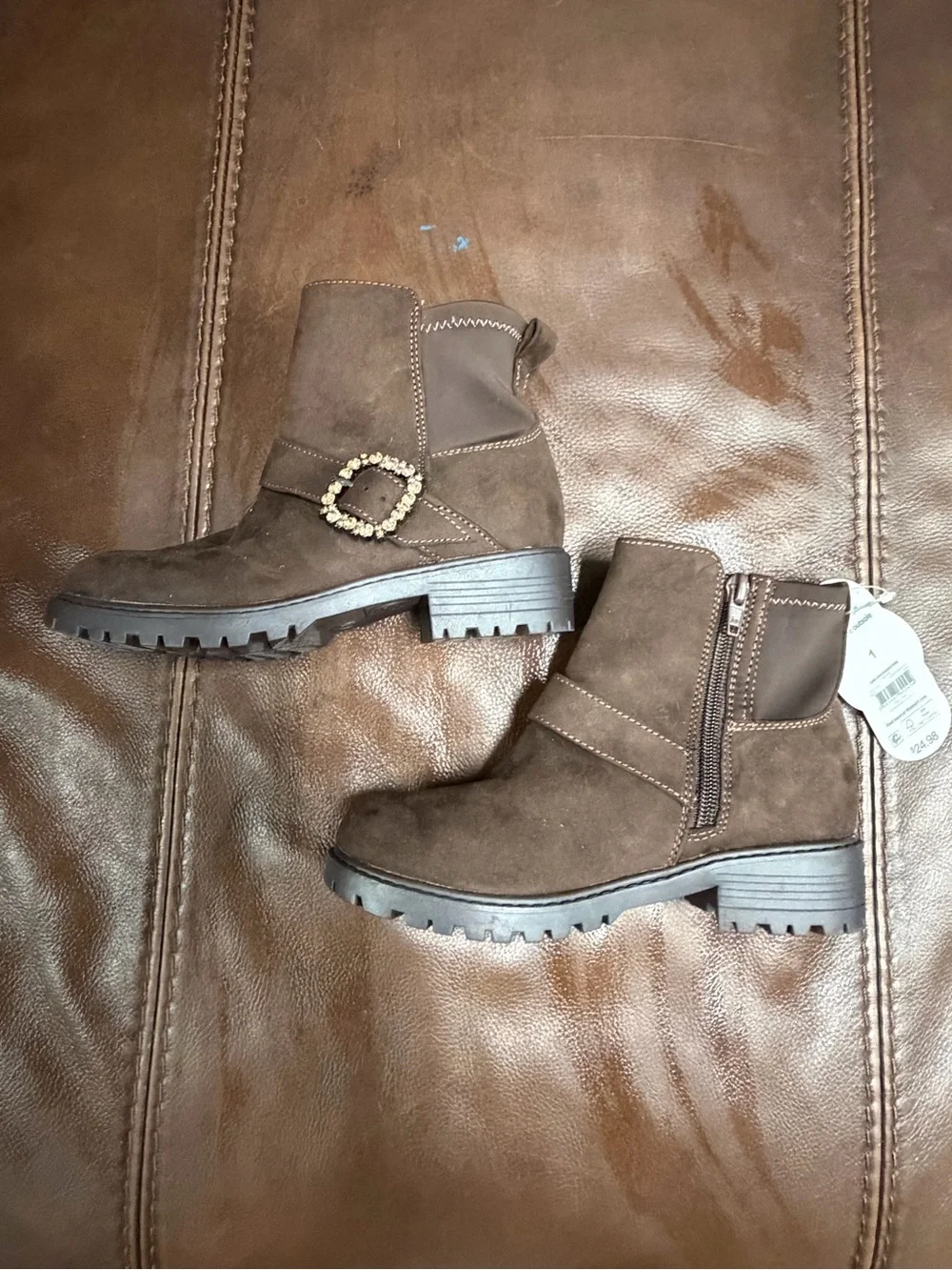 Kids Brown Suede Ankle Boots with Side Zipper & rhinestone buckle NWT Sz 1   122